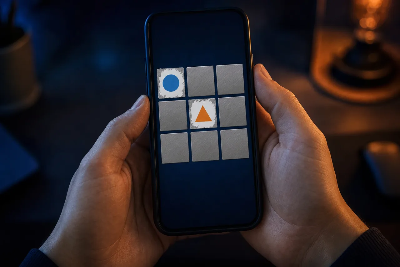 Illustration of an adult's hands holding a smartphone that shows a card of nine silver panels, two of them cleared to show simple shapes