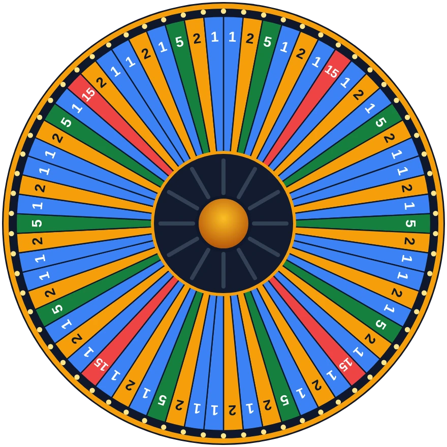 Illustration of a made-up big wheel with 66 coloured segments marked 1, 2, 5 and 15, pegs around the rim and a pointer at the top