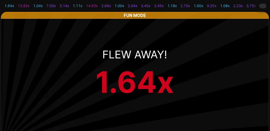 Spribe Aviator demo after a round: the words Flew away above a red 1.64x, with the history strip of earlier crash points along the top