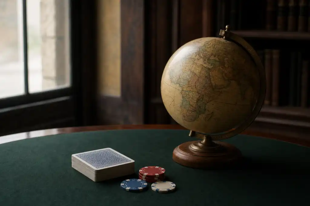 Vintage globe beside a deck of cards and a few poker chips on green felt